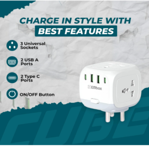 EMBOX Multi Plug Socket with Type C Port Master Switch-Cordless Extension Board with 3 Sockets 2 USB A & 2 USB C Slot (2.4A-Direct Plug)-3 Pin Multiplug with Safety Shutter Protection-2500W