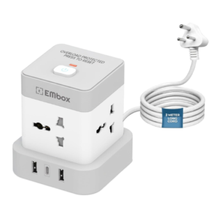 EMBOX Cube Extension Board with USB Type C | 2500W Extension Board with Switches | Extension Cord with 4 Universal Sockets Safety Shutter & Overload Protector 12W