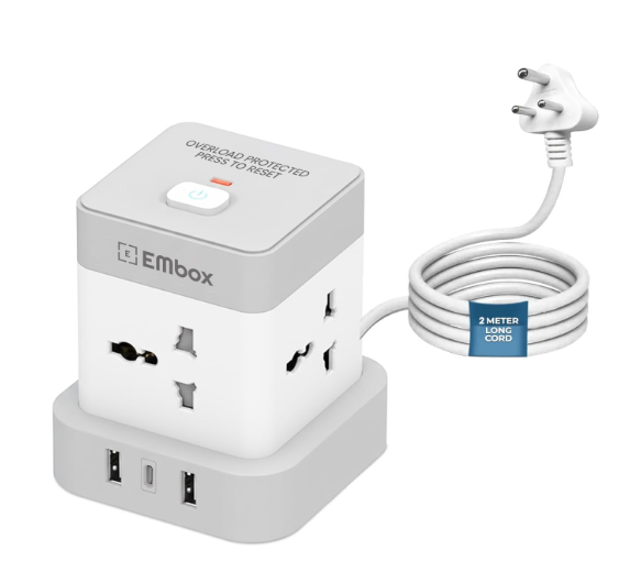 EMBOX Cube Extension Board with USB Type C | 2500W Extension Board with Switches | Extension Cord with 4 Universal Sockets Safety Shutter & Overload Protector 12W
