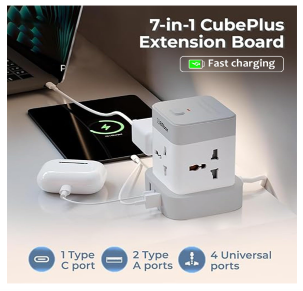 EMBOX Cube Extension Board with USB Type C | 2500W Extension Board with Switches | Extension Cord with 4 Universal Sockets Safety Shutter & Overload Protector 12W - Image 2