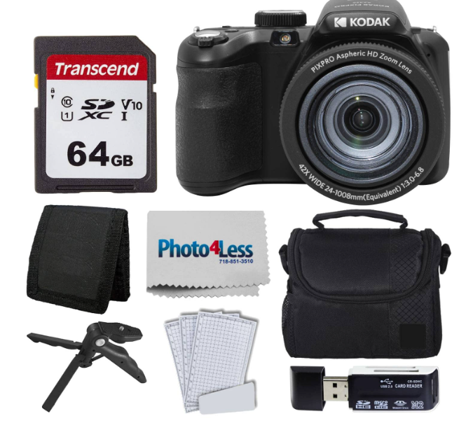 Kodak PIXPRO AZ425 Digital Camera Bundle with 64GB Memory Card + Camera Case (Black) + USB Card Reader + Table Tripod + Accessories (Black)