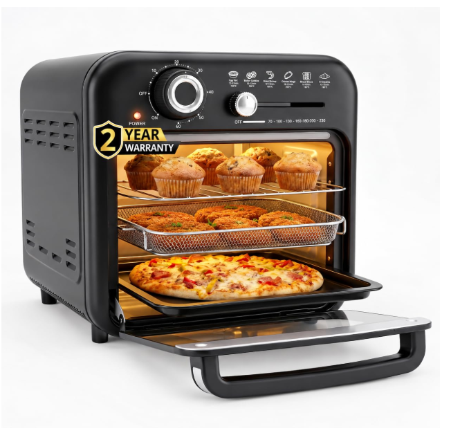 IBELL10L Air Fryer Oven for Home Kitchen, 1400W with 6 Presets, 7 Accessories, Grill, Roast, Bake, Reheat, BLACK, 2Year Warranty