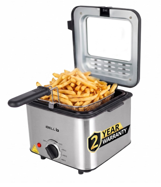 iBELL OILKING200 Electric Deep Fryer | 2 Litre Oil Capacity | Stainless Steel | Adjustable Temperature Control | Single Tank Fryer with Lid & Handle Basket (Silver)