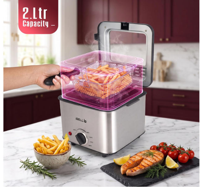 iBELL OILKING200 Electric Deep Fryer | 2 Litre Oil Capacity | Stainless Steel | Adjustable Temperature Control | Single Tank Fryer with Lid & Handle Basket (Silver) - Image 3