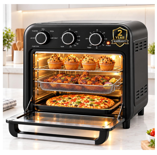 iBELL 24L Air Fryer Oven For Home Kitchen, 6-in-1 Functionality, Bake, Grill, Toast, Pizza & Dehydrate, Adjustable Temperature Control & Timer | 2-Year Warranty | Black