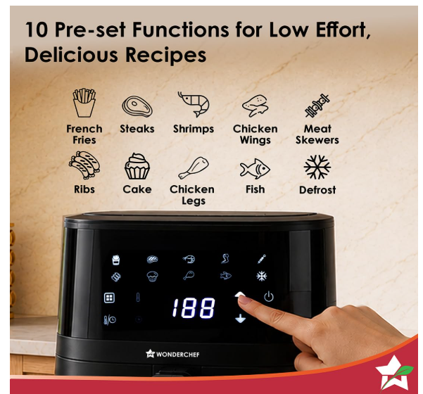 Wonderchef Platinum Digital Air Fryer for Kitchen, 4.5L, 1350W, Rapid Air Technology, 10 Pre-Set Functions, Temperature and Time Control, Automatic Shut-Off, 2-Yr Warranty - Image 2