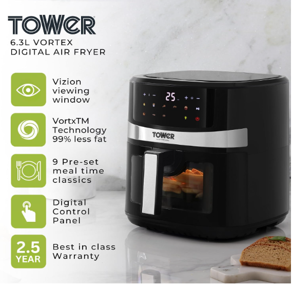 Tower Air Fryer 6.3L 1600W Digital with 9 Presets & Energy Efficient 6.3L capacity with adjustable temperature 50-200°C, timer 1-60 minutes, non-stick detachable basket, 2-year warranty - Image 2