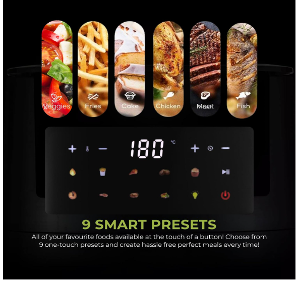 Tower Air Fryer 6.3L 1600W Digital with 9 Presets & Energy Efficient 6.3L capacity with adjustable temperature 50-200°C, timer 1-60 minutes, non-stick detachable basket, 2-year warranty - Image 3