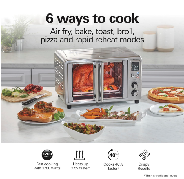 Hamilton Beach Sure Crisp 6-in-1 XL Digital Air Freyer Toaster Oven Combo, with Easy Access French Doors, Bake, Roast, Toast, Pizza and Reheat, 0.9 Cubic Feet Steel Capacity - Image 3