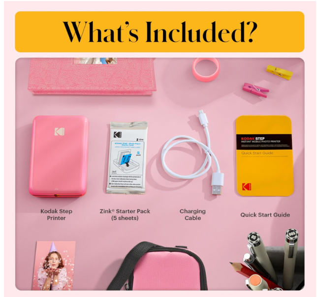 Kodak Step Instant Color Photo Printer with Bluetooth/NFC, ZINK Technology & Kodak App for iOS & Android (Pink) Starter Bundle, 2x3 - Image 2