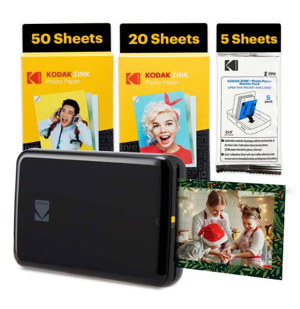 Kodak Step Instant Smartphone Photo Printer - 75 Sheets Bundle - Portable Mini Color Wireless Mobile Printer - Zink 2x3” Sticky-Back Photos - Bluetooth Compatible with Smart Devices - Fun App -Black