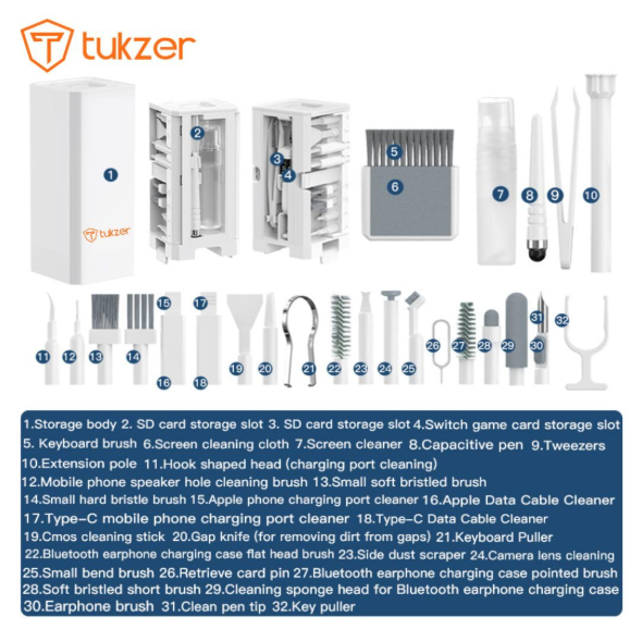 Tukzer Laptop Screen Keyboard Cleaner Kit, 32-in-1 Electronic Gadget Cleaning Tool with SD Card Storage Slot for MacBook, iPad iPhone Smartphone Tablet, PC Computer, DSLR Camera Lens, Airpods (White) - Image 3