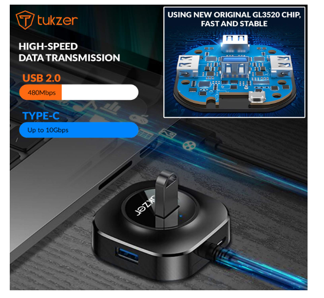 Tukzer USB C Hub Ultra-Slim USB-C Superspeed Adapter with 4 USB 3.0 Ports USB Type C Hub for All Laptops and More USB Type C Devices (TZ-U13 Black) - Image 2
