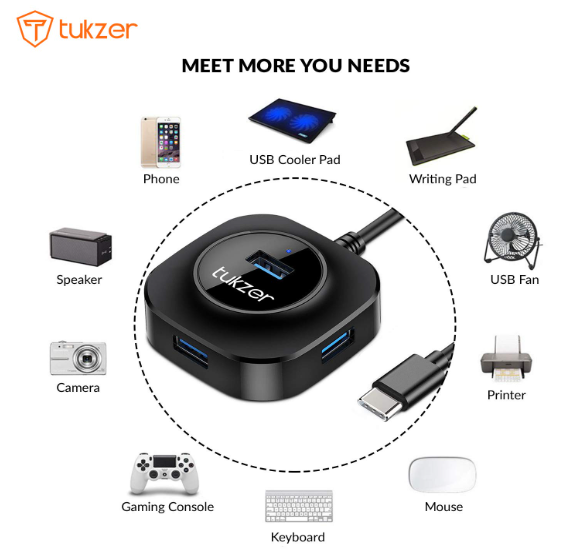 Tukzer USB C Hub Ultra-Slim USB-C Superspeed Adapter with 4 USB 3.0 Ports USB Type C Hub for All Laptops and More USB Type C Devices (TZ-U13 Black) - Image 3