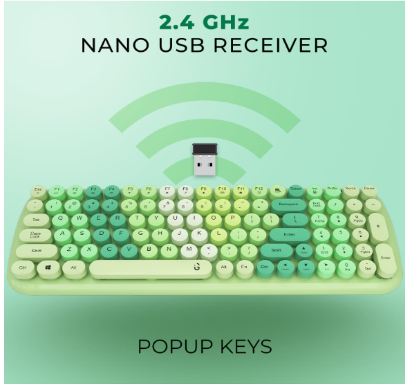 iGear KeyBee Retro Typewriter Inspired 2.4GHz Wireless Keyboard with Mouse Combo for Desktop/Laptop and Devices with USB Support, Single Nano Receiver, Round Keycaps, Cleaning Brush (White) (Green) - Image 2