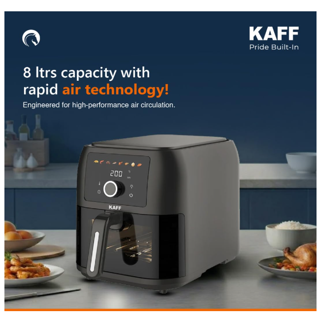 KAff Digital Air Fryer 8L, 1700W Oil Free Air Fryer for Home, Large Basket with Visible Window, 8 Preset Cooking Modes, LED Touch Control, Adjustable Temperature, Non-Stick Basket, Timer, Black | KFR8 - Image 2
