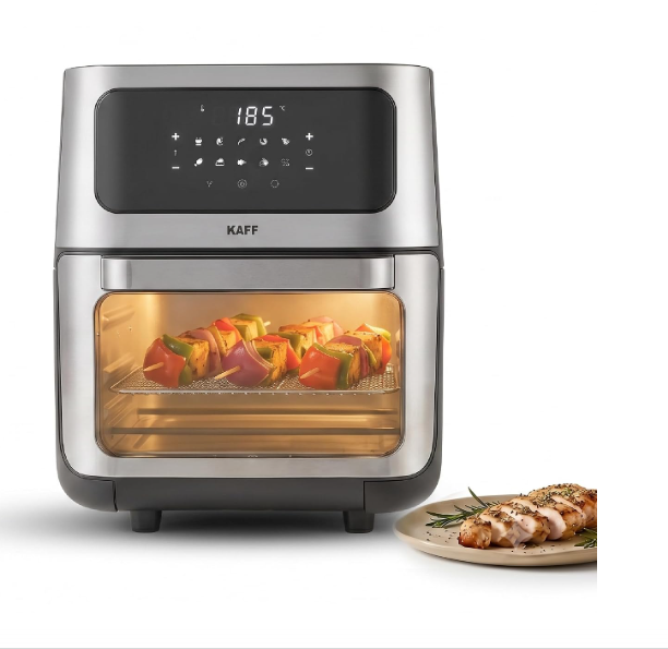 Kaff 12L Digital Air Fryer Oven with Rotisserie | 1800W Oil Free Air Fryer | 10 Preset Cooking Modes | Dehydrator | Touch Display | Adjustable Temperature | 90 Min Timer | Stainless Steel | KFR12
