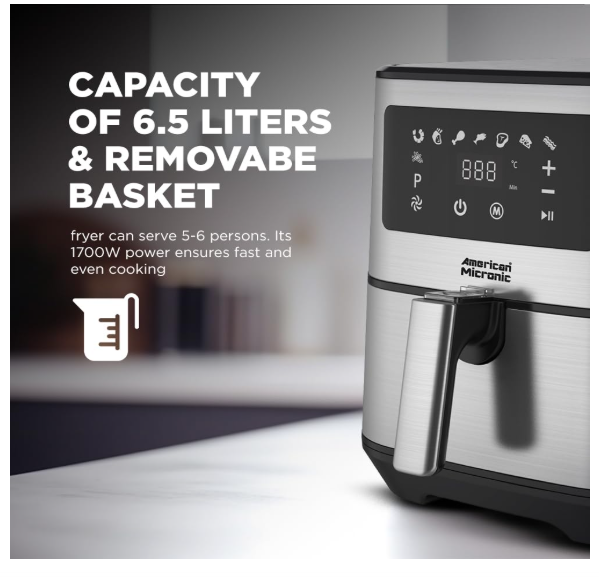 AMERICAN MICRONIC® 6.5 L Digital Air Fryer | 1700W TurboTunnel Fresh Air Technology | 200 °C Max Temp | 60-Min Timer | 8 One-Touch Preset Menus | Healthy Oil-Free Cooking - Image 2
