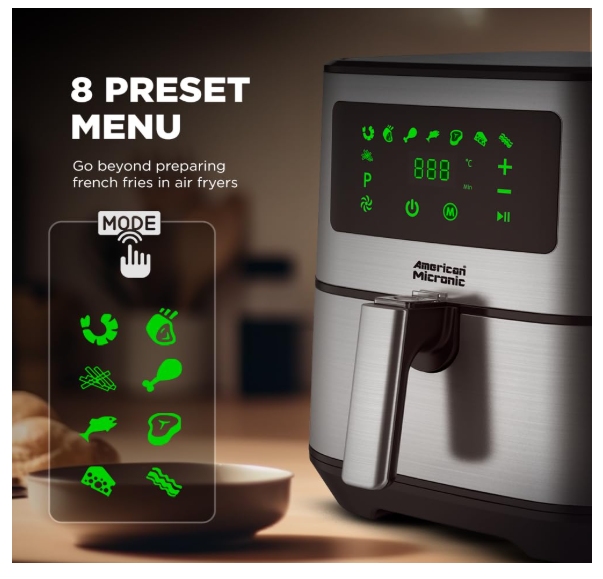 AMERICAN MICRONIC® 6.5 L Digital Air Fryer | 1700W TurboTunnel Fresh Air Technology | 200 °C Max Temp | 60-Min Timer | 8 One-Touch Preset Menus | Healthy Oil-Free Cooking - Image 3