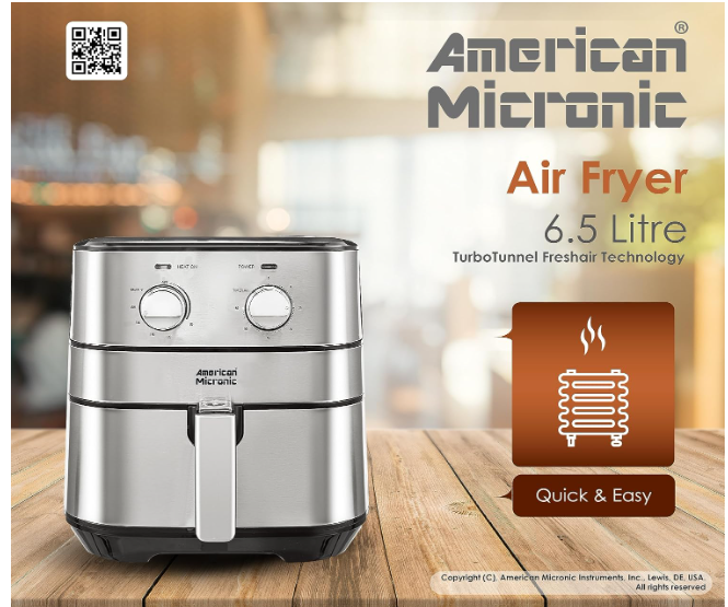 AMERICAN MICRONIC® 6.5 L Air Fryer for Home | 1700W Rapid Air Technology | Removable Basket | 60-Min Timer | Fry, Grill, Roast & Bake | Free Recipe Book | AMI-AFM-65LDx (Black & Steel) - Image 2