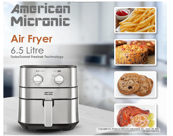 AMERICAN MICRONIC® 6.5 L Air Fryer for Home | 1700W Rapid Air Technology | Removable Basket | 60-Min Timer | Fry, Grill, Roast & Bake | Free Recipe Book | AMI-AFM-65LDx (Black & Steel) - Image 3
