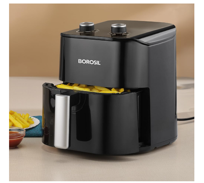 Borosil 4.5 L Best 1380W Air Fryer | 4 in 1 Function with QuickFry Technology, Auto Off Function | Air Fryer for Bake, Grill, Roast, Reheat etc. | 90% Less Oil | 2 Year Warranty | Black