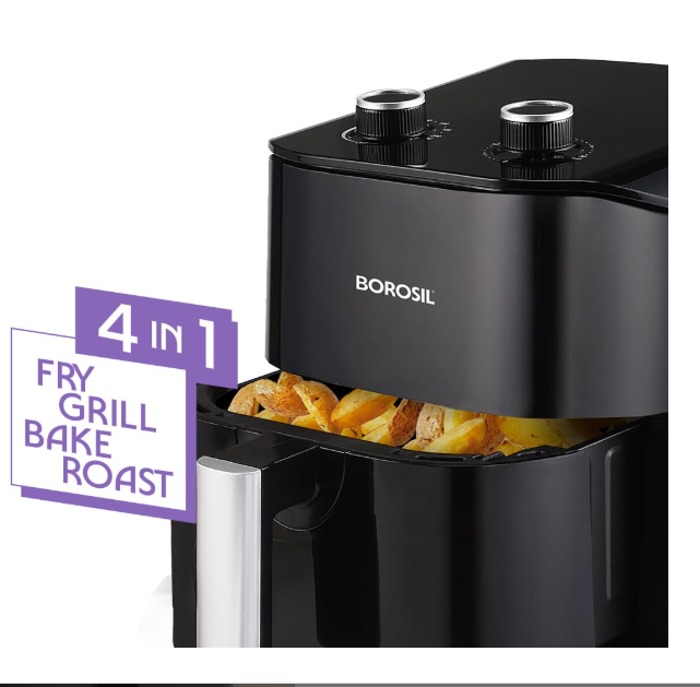 Borosil 4.5 L Best 1380W Air Fryer | 4 in 1 Function with QuickFry Technology, Auto Off Function | Air Fryer for Bake, Grill, Roast, Reheat etc. | 90% Less Oil | 2 Year Warranty | Black - Image 2
