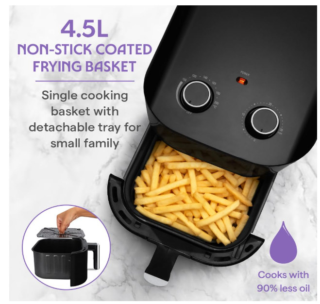 Borosil 4.5 L Best 1380W Air Fryer | 4 in 1 Function with QuickFry Technology, Auto Off Function | Air Fryer for Bake, Grill, Roast, Reheat etc. | 90% Less Oil | 2 Year Warranty | Black - Image 3