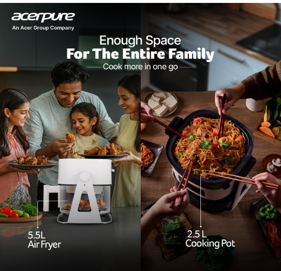 Acerpure Air Fryer | 100% Glass Bowl | 90% Less Oil | 5.5L Air Fryer + 2.5L Cooking Pot | Air Fry, Toast, Reheat, Grill, Cook | 360° TurboHeat Technology | Preset Modes | 1500 Watts | White - Image 2