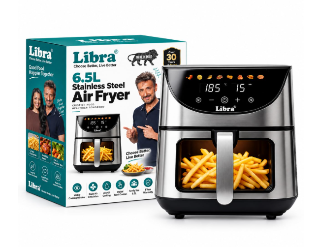 Libra 6.5 Liter Air Fryer Oven – 1740W Stainless Steel Air Fryer with 9-in-1 Digital Functions: Air Fry, Toast, Grill, Bake, Reheat & Keep Warm – Uses 90% Less Oil, Stainless Steel Interior