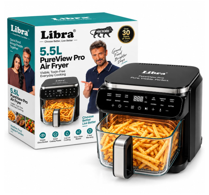 Libra 5.5 L Glass Air Fryer Oven - Multifunction Digital Air Fryer for Home PTFE-Free Non Toxic Glass Bowl, 1500W, 12 Presets, Air Fry Grill Roast Dehydrate,180° Visible Window, 1 Year Warranty