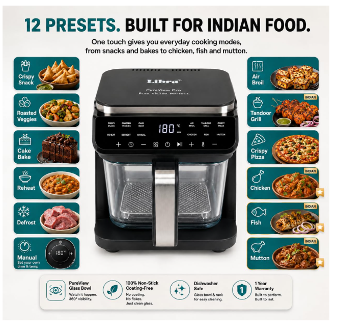 Libra 5.5 L Glass Air Fryer Oven - Multifunction Digital Air Fryer for Home PTFE-Free Non Toxic Glass Bowl, 1500W, 12 Presets, Air Fry Grill Roast Dehydrate,180° Visible Window, 1 Year Warranty - Image 2