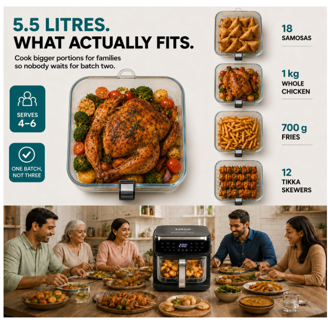 Libra 5.5 L Glass Air Fryer Oven - Multifunction Digital Air Fryer for Home PTFE-Free Non Toxic Glass Bowl, 1500W, 12 Presets, Air Fry Grill Roast Dehydrate,180° Visible Window, 1 Year Warranty - Image 3