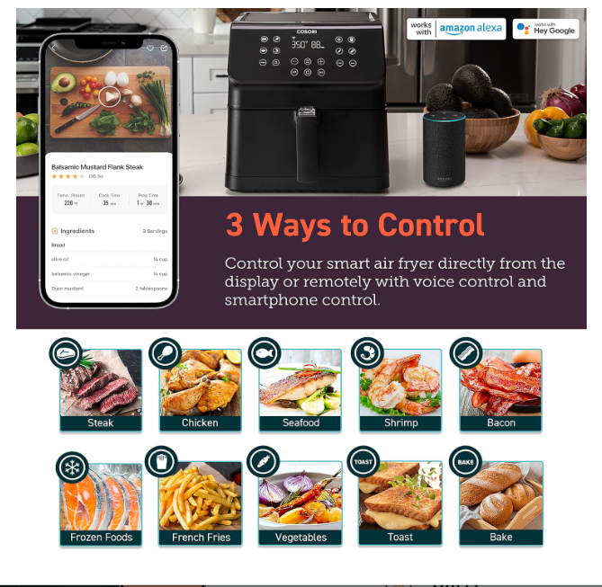 COSORI Smart Air Fryer Oven Cookbook(100 Recipes) Wi-Fi App & Alexa Control/Google home, Customizable 10 Presets & Shake Reminder, Keep Warm Preheat, Nonstick Removable Basket, 5.8QT-Black - Image 2