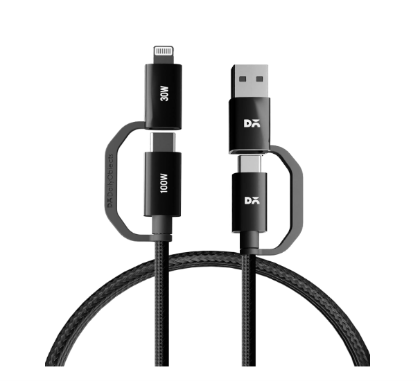 DailyObjects SURGE Kevlar Core 4-in-1 100W Charging Cable|USB-A,Type-C,Lightning|Fast Charging,480Mbps Data Transfer,Data Sync|Compatible with Android & iOS Smartphones,Tablet/Ipads & Macbook,Black