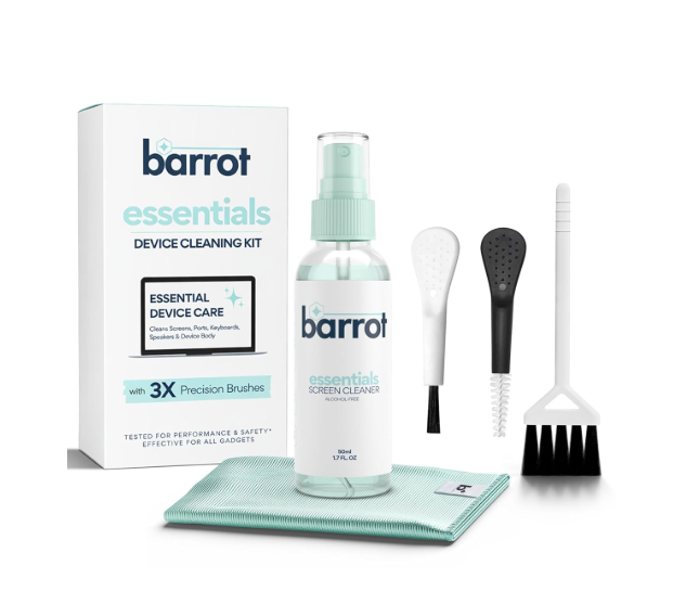 BARROT Essentials Mini Device Cleaning Kit | Includes 50ml Non-Alcohol Screen Cleaner, 3 x High-Precision Brushes & 20x20CM Plush Microfiber