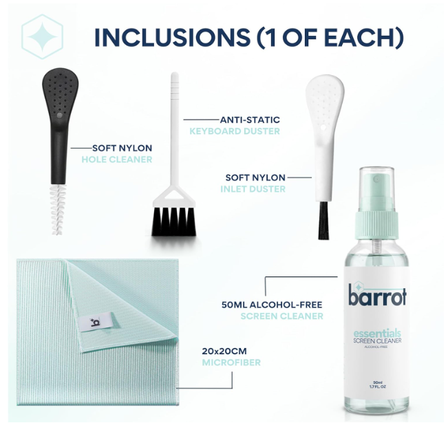 BARROT Essentials Mini Device Cleaning Kit | Includes 50ml Non-Alcohol Screen Cleaner, 3 x High-Precision Brushes & 20x20CM Plush Microfiber - Image 3