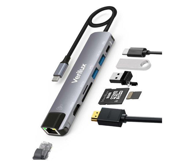 7Verilux-in-1 USB-C Hub for Laptop, 4K@60Hz HDMI, Ethernet, PD, USB3.0 SD TF Slots Fast Data Access, Stable Network Sharing, Aluminium Body, Plug & Play Setup, Responsive Support 24cm Cable