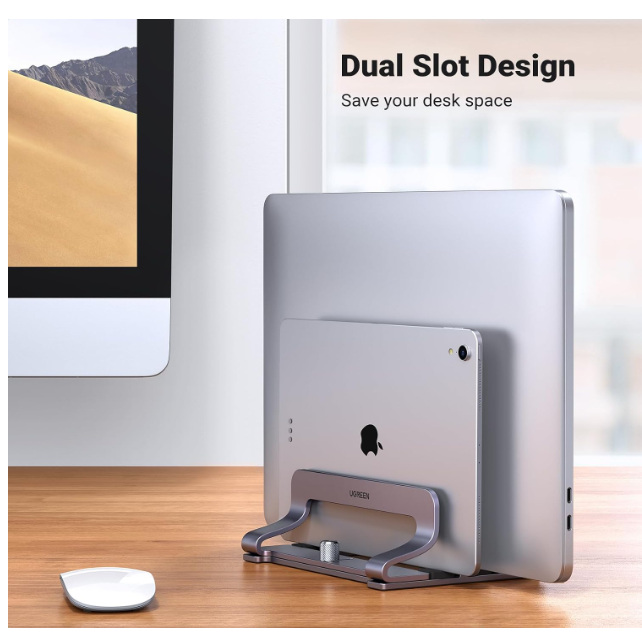 UGREEN Vertical Laptop Stand, Dual Slot Aluminum Holder Aluminum Alloy, Compatible with 12-17.3 inch Tablet & Notebook of MacBook/Surface Book/Chromebook/iPad/HP, 5KG load capacity - Image 2