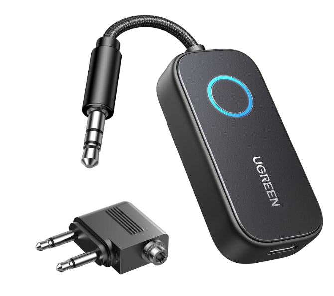 UGREEN Bluetooth 5.3 aptX HD Airplane Transmitter Receiver 2 in 1 28-Hour Battery Life, 3.5mm Aux Adapter Included, Dual Device Pairing, For AirPods, For Flight, TV and Car Stereo