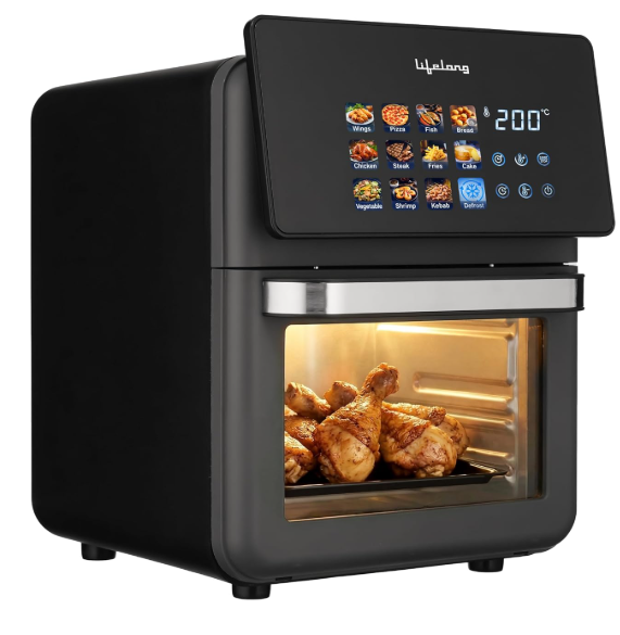 Lifelong Air Fryer Oven 10L | 12 Preset Modes | 1350W Power | Healthy Low Oil Cooking, Rapid Air Technology, Glass Lid | LED Touch Display | Nonstick Easy Clean Kitchen Appliance with Oil Drip Tray