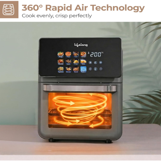 Lifelong Air Fryer Oven 10L | 12 Preset Modes | 1350W Power | Healthy Low Oil Cooking, Rapid Air Technology, Glass Lid | LED Touch Display | Nonstick Easy Clean Kitchen Appliance with Oil Drip Tray - Image 2