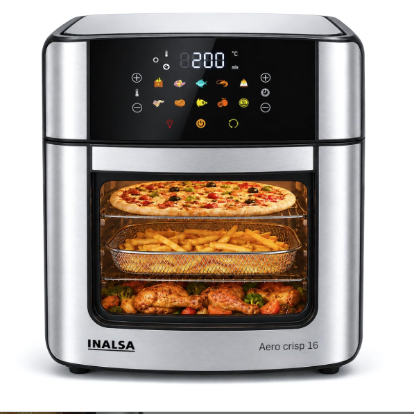 INALSA Air Fryer Oven|16L, 1800W|Stainless Steel Body12-in-1 Functions,Fry,Bake,Grill,Dehydrate,Roast& Reheat|10 Preset|Rotisserie & Convection|Dishwasher Safe Accessories|2Yr Warranty,Aero Crisp 16
