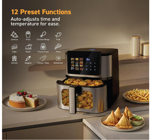 KENT Digital Air Fryer 9L| 2200W |Bake,Grill&Roast|Up to 80% Less Oil Usage| 12 Preset Menu |Digital Display & Touch Control Panel |Glass Window with in built Light|Dual Heating Element at Top &Bottom - Image 2