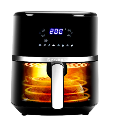 Faber 6L 1500W Digital Air Fryer | Fry, Bake, Roast, Toast, Defrost, Grill & Reheat | 85% Less Oil, 360° Air Cooking | 8-Preset Menu, LED Display & Touch Control, Non-Stick Pan, View Window | (Black)