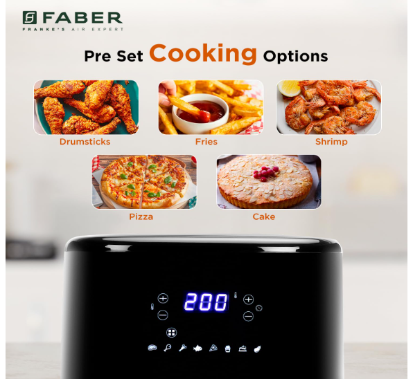 Faber 6L 1500W Digital Air Fryer | Fry, Bake, Roast, Toast, Defrost, Grill & Reheat | 85% Less Oil, 360° Air Cooking | 8-Preset Menu, LED Display & Touch Control, Non-Stick Pan, View Window | (Black) - Image 2