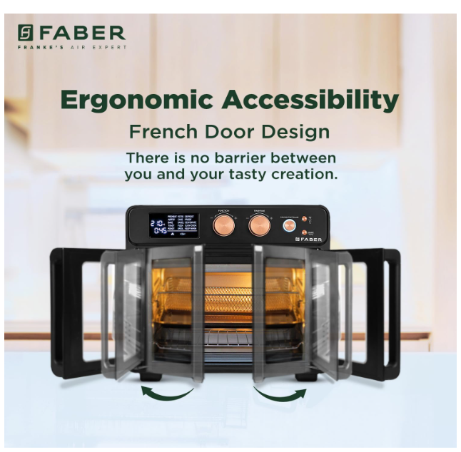Faber Air Fryer Oven 25L, Digital Control, Bake Tray, SS Wire Tray&Basket, Crumb Tray, Rotisserie Kit|15 Preset Auto Program|Roast,Fry,Toast,Defrost|Convection Function|FAO 25L 15F BK|1700 W Black - Image 2
