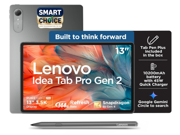Lenovo Idea Tab Pro Gen 2 with Pen Plus {Smartchoice} 13" Display, 3.5K Resolution, 144Hz Refresh | 8GB, 256GB | Snapdragon 8s Gen 4 | 10200mAh, 4 JBL Speakers, USB 3.0 with DP-Out, Wi-Fi 7, Luna Grey