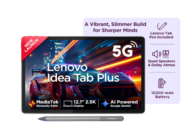 Lenovo Idea Tab Plus with Pen |Wifi +5G |12.1" 2.5K Display, 800nits Peak Brightness |8GB RAM + 256GB ROM (Expandable upto 2TB)| MediaTek Dimensity 6400| 10200mAh|4 Speakers with Dolby Atmos|Luna Grey