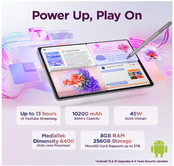 Lenovo Idea Tab Plus with Pen |Wifi +5G |12.1" 2.5K Display, 800nits Peak Brightness |8GB RAM + 256GB ROM (Expandable upto 2TB)| MediaTek Dimensity 6400| 10200mAh|4 Speakers with Dolby Atmos|Luna Grey - Image 2
